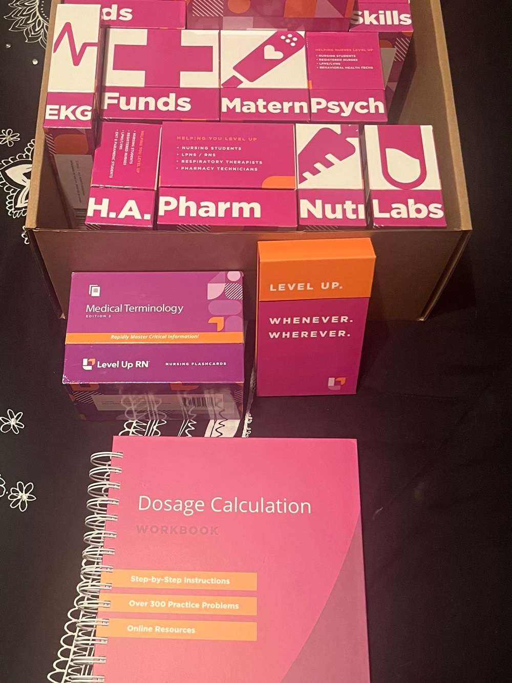 Level Up RN Pink Nursing Study Set - Dosage Calculation Workbook & Flashcards